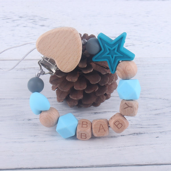 Personalized Name Handmade Beech Wooden Letter Baby Dummy Chain Love Heart Pacifier Clips Eco-friendly Teething Chain