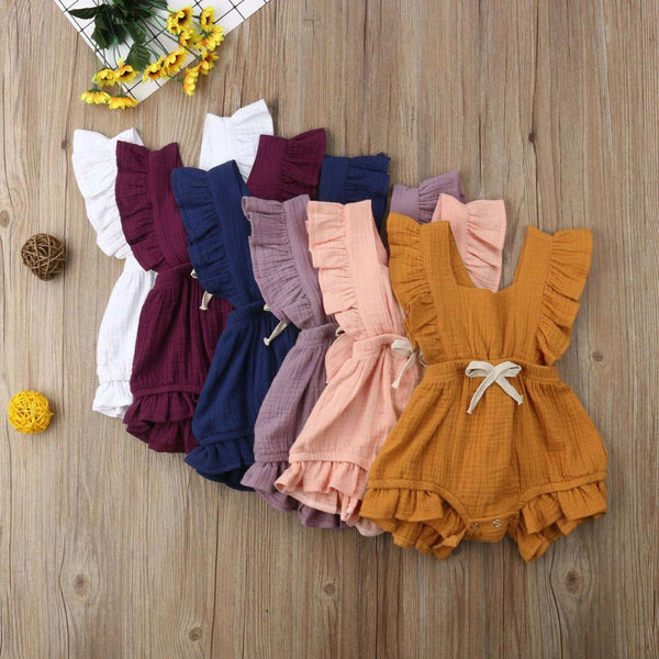 Baby Girl Button Design Solid Sleeveless Ruffle Linen Jumpsuit