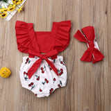 2pcs Newborn Baby Girl Ruffle Cherry Print Bodysuits Headband Sunsuit Outfits Summer Clothes