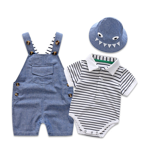 Newborn Baby Clothing Set for Boys Summer Suit Set Hat+Striped Romper+Blue Overall Suit Casual Children Boy Clothes Outfit 