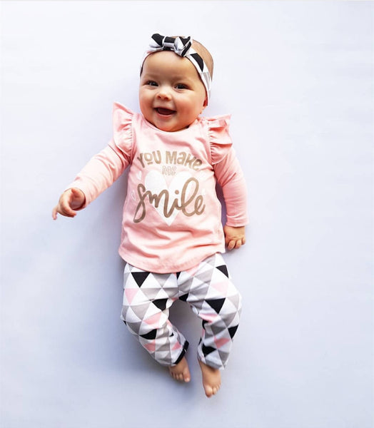 Newborn Baby Girls Clothes Autumn Long Sleeve Letter T-shirt+Pink Print Pants+Headband Infant 3Pcs Baby Girls Clothing Set