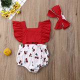 2pcs Newborn Baby Girl Ruffle Cherry Print Bodysuits Headband Sunsuit Outfits Summer Clothes