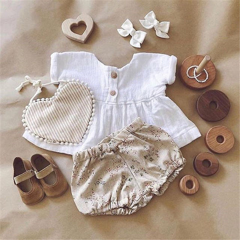 Emmababy Newly Summer Infant Baby Girl Newborn Cotton Linen Outfit Set Fashion Little Girls Button Top+Shorts Dropship