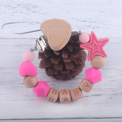 Personalized Name Handmade Beech Wooden Letter Baby Dummy Chain Love Heart Pacifier Clips Eco-friendly Teething Chain