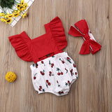 2pcs Newborn Baby Girl Ruffle Cherry Print Bodysuits Headband Sunsuit Outfits Summer Clothes